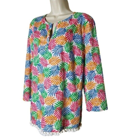 Talbots Leafy Print Popover Tunic top Size XL Long Sleeve Tassels Hem Tropical - Picture 2 of 8